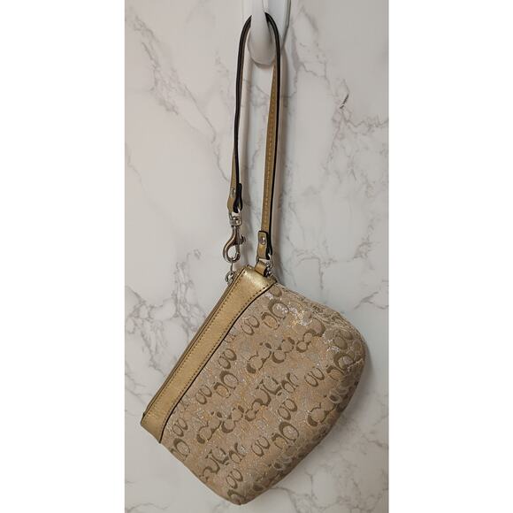 COACH Vintage Gold/Silver Shimmer Logo Canvas Tan Wristlet - EUC - Picture 2 of 4